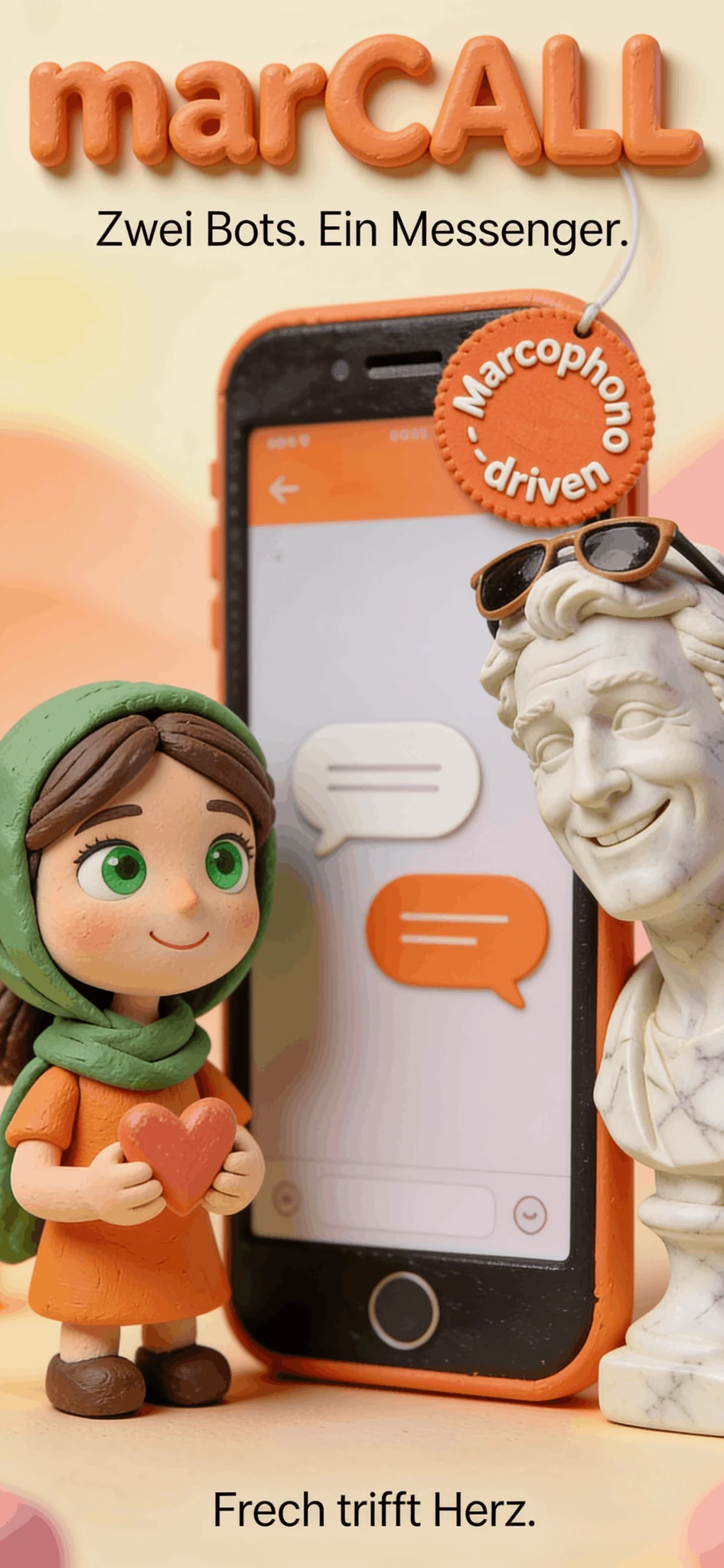 marCALL Startmotiv mit Marcella, Marcophono und Smartphone
